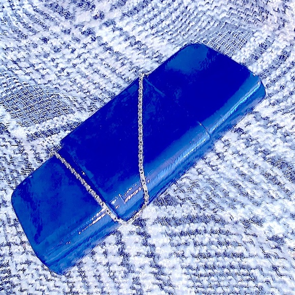 DiY Glam Clutch-Shoulder Handbag Navy Silver Fold Over Snap Closure+Silver Chain - Picture 6 of 16